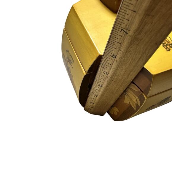 Vintage Wooden Folk Art Brown Yellow Floral Décolletage 1960s Purse Mirror Retro - Picture 10 of 12